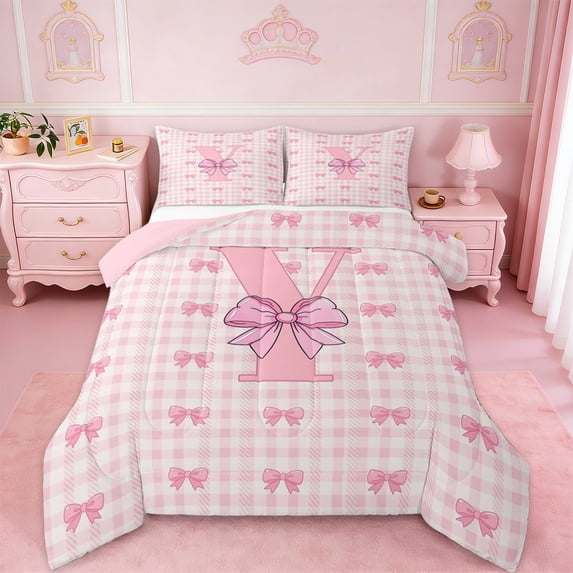 Erosebridal Letter Y Initial Monogrammed Full Size Comforter Sets,Cute Pink Bowknot Bedding Sets For Kids,Pink Reversible,3-Piece