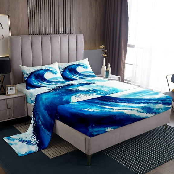 Erosebridal Ocean Waves Sheet Set Twin,Marine Theme Bedding Sets Twin Size,Sea Decoration,Breathable,3pcs