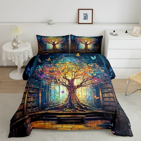 Erosebridal Life Tree Bedding King Comforter Set for Teens, Boho Library Down Comforter, Retro Bookshelf Decor, Breathable
