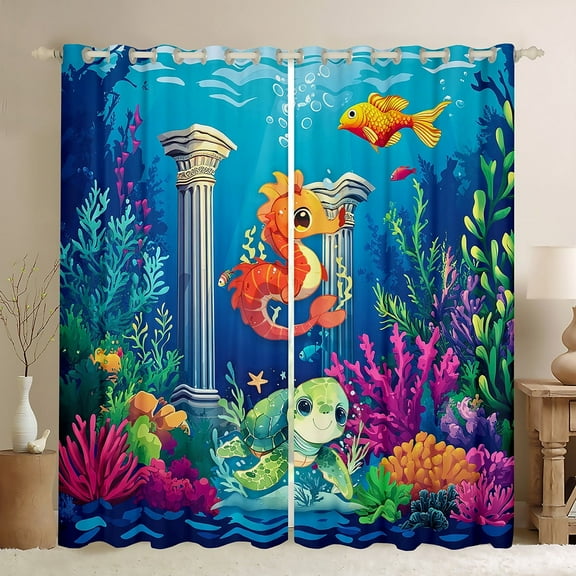 Erosebridal Sea Turtle Seahorse Curtains for Living Room,Underwater World 30%-50% Blackout Curtains Set of 2 (38x45),Marine Room Decorative