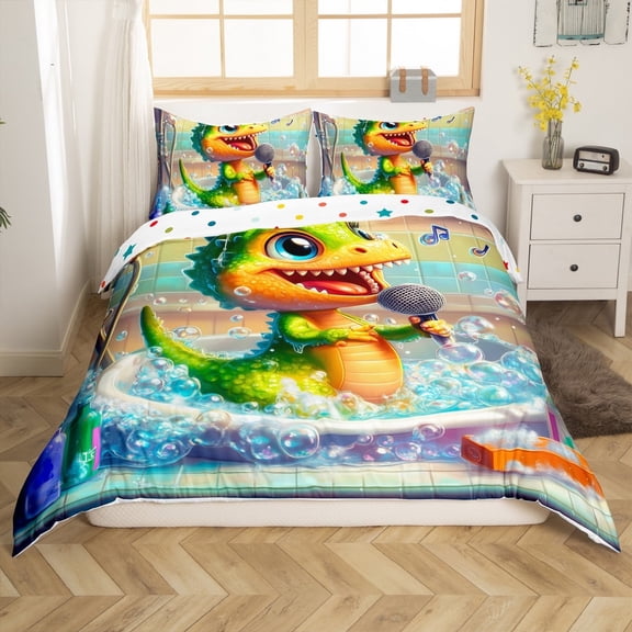 Erosebridal Kawaii Alligator Comforter Cover Twin,Cartoon Bubble Bedding Twin Size,Microfiber Reversible Comforter Cover Twin,Animal Decoration,3-Piece(No Comforter)