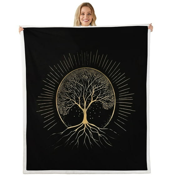Erosebridal Life Tree Print Throw Blanket for Couch, Black Gold Plush Blanket, Bohomian Style Decor, 50x60