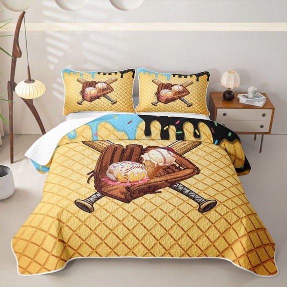 Erosebridal Light Blue & Black Dripping Waffle Baseball Ice Cream & Glove Graphic Bed Spread Queen,Sport Graphic Queen Coverlet Set for Boys Girls