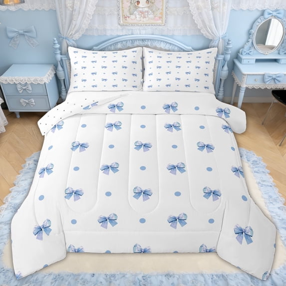 Erosebridal Light Blue Bow Polka Dot Queen Comforter Set for Girls, Blue Ribbon Bedding Comforter Set for Kids, Reversible, 3 Pieces