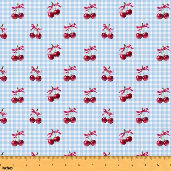 Erosebridal Light Blue Cherry Gingham Fabric by the Yard 1 Yard, Pink Bow Checkered Pattern Home Decor Fabric by the Yard