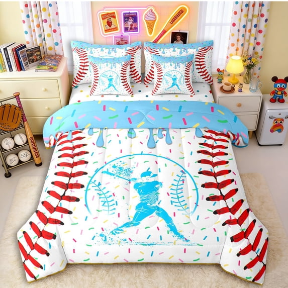 Erosebridal Light Blue Dripping Baseball Stitch & Batter Silhouette Graphic Twin Bedding Sets 7-Piece, Sport Theme Bedding Comforter Set for Boys And Girls Kids,Microfiber Bedroom Decor