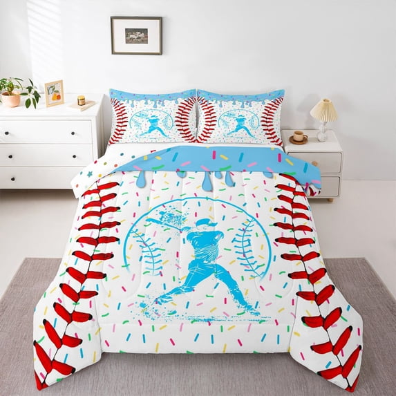 Erosebridal Light Blue Dripping Baseball Stitch & Batter Silhouette Graphic Twin Comforter Sets 3-Piece, Sport Theme Bedding Set for Boys And Girls Kids,Microfiber Bedroom Decor