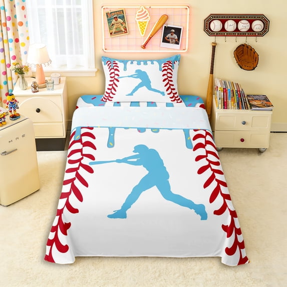 Erosebridal Light Blue Dripping Baseball Stitch & Batter Silhouette Graphic Twin Sheet Sets 3pcs, Ball Gamer Bedding for Boys And Girls Kids,Microfiber Bedroom Decor