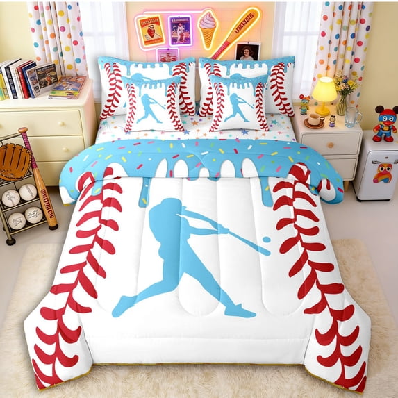 Erosebridal Light Blue Dripping Baseball Stitch & Hitter Silhouette Graphic Twin Bedding Sets 7-Piece, Baseball Graphic Bedding Comforter Set for Boys And Girls Kids,Microfiber Bedroom Decor