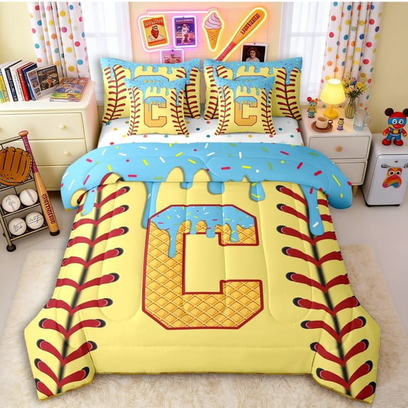 Erosebridal Light Blue Dripping Baseball Stitch & Waffle Letter C Graphic Bedding Comforter Set 7pcs, Alphabet Graphic Queen Bedding Sets for Boys And Girls Kids,Lightweight Room Decor