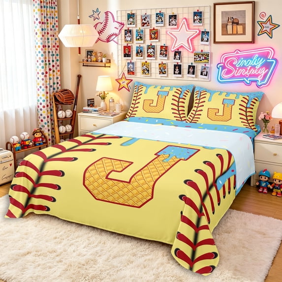 Erosebridal Light Blue Dripping Baseball Stitch & Waffle Letter J Graphic Queen Sheet Sets 4 Pieces, Alphabet Graphic Bed Set for Boys And Girls Kids,Microfiber Bedroom Decor