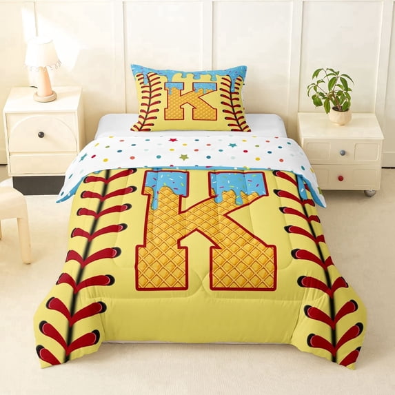 Erosebridal Light Blue Dripping Baseball Stitch & Waffle Letter K Graphic Twin Comforter Sets 3-Piece, Alphabet Graphic Bedding Set for Boys And Girls Kids,Breathable Home Decor
