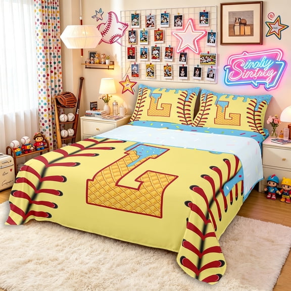 Erosebridal Light Blue Dripping Baseball Stitch & Waffle Letter L Graphic Full Size Sheets 4-Piece, Alphabet Graphic Bed Sheets for Boys And Girls Kids,Lightweight Room Decor