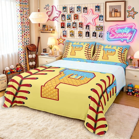 Erosebridal Light Blue Dripping Baseball Stitch & Waffle Letter P Graphic Queen Sheet Sets 4 Pieces, Alphabet Graphic Bed Set for Boys And Girls Kids,Ultra Soft Home Decor