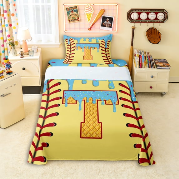 Erosebridal Light Blue Dripping Baseball Stitch & Waffle Letter T Graphic Twin Sheet Sets 3pcs, Alphabet Graphic Bedding for Boys And Girls Kids,Breathable Home Decor