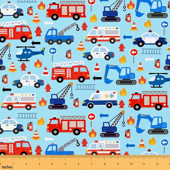 Erosebridal Light Blue Emergency Vehicle Fabric by the Yard 2 Yards, Fire Truck Excavator Sewing Fabric