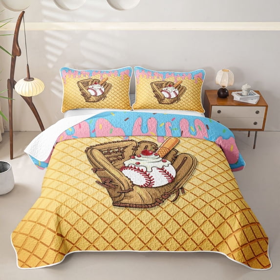 Erosebridal Light Blue & Pink Dripping Waffle Baseball Sundae & Glove Graphic Quilt King,Sweet Graphic King Coverlet Set for Boys Girls