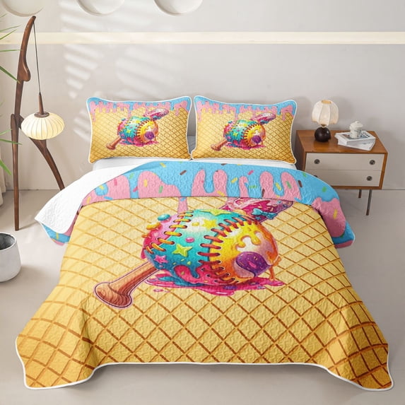 Erosebridal Light Blue & Pink Dripping Waffle Colorful Candy Baseball & Bat Graphic Bed Spread Queen,Playful Graphic Queen Coverlet Set for Girls