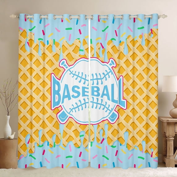 Erosebridal Light Blue Waffle Baseball & Bat Logo Graphic Black Out Curtains, Baseball Graphic Curtains Pack of 2 (42x63 Each) for Boys And Girls Kids,Super Cozy Room Decor