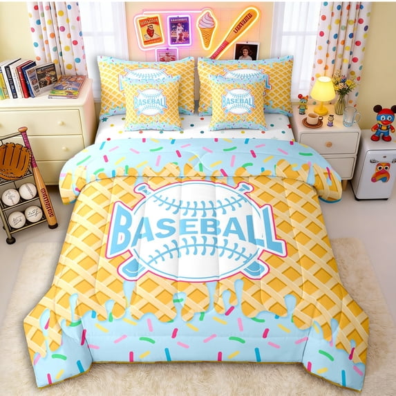 Erosebridal Light Blue Waffle Baseball & Bat Logo Graphic Twin Bedding Sets 7-Piece, Baseball Graphic Bedding Comforter Set for Boys And Girls Kids,Super Cozy Room Decor