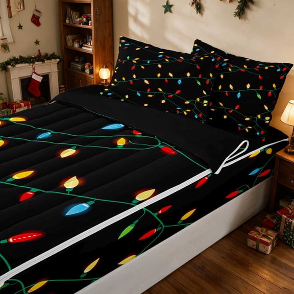 Manfei Light Christmas Twin Comforter Set with Fitted Sheet and 2 Pillowcases, Navy Silver