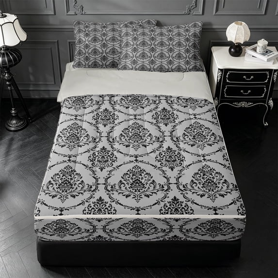 Erosebridal Light Gray Damask Floral Zipper Twin Comforter Sets with Fitted Sheet and 2 Pillowcases,Antique Ornate Baroque Neutral Zipper Bedding Set For Adults,Light Gray Reversible,4 Pieces