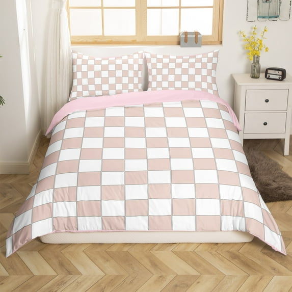 Erosebridal Light Pink Checkered Duvet Cover King White Cream Checkerboard Bedding Set,Buffalo Plaid Grid Comforter Cover Teen Aesthetic Geometric Gingham Bed Set(No Comforter)