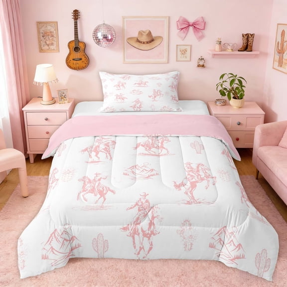 Erosebridal Light Pink Cowgirl Roping Mountain Print Twin Comforter Sets, Rustic Western Bedding Set for Men, Pink Reversible 2pcs, 1 Comforter and 1 Pillowcase