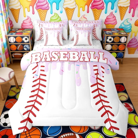 Erosebridal Light Purple Drippy Baseball Print Twin Bedding Sets, Sports Monogram Bedding Comforter Set for Kids Boys and Girls, Reversible 7pcs