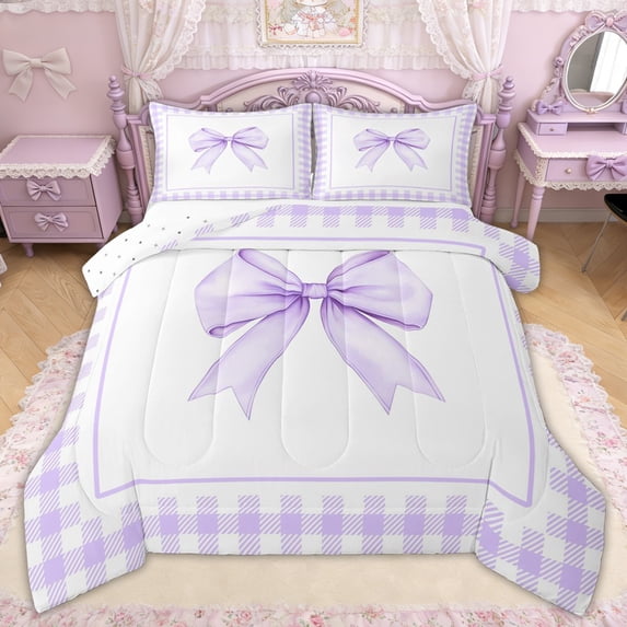 Erosebridal Light Purple Gingham Bow Full Size Comforter Sets, Purple Bow Bedding Sets for Women Girls, Reversible, 3-Piece