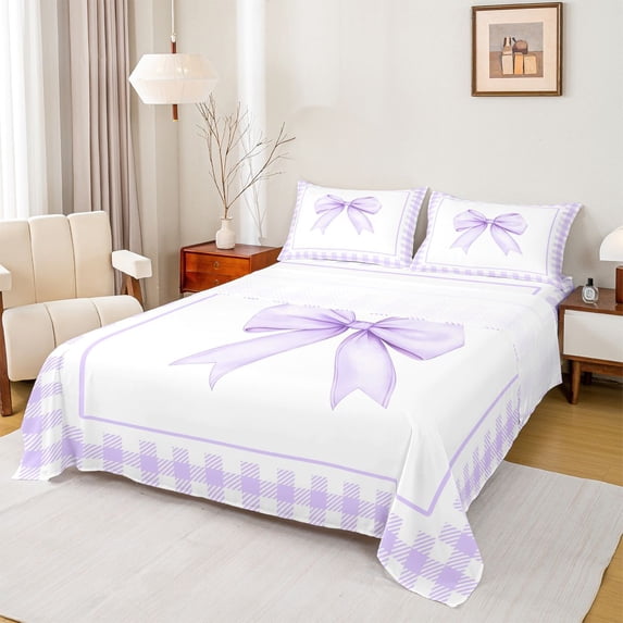 Erosebridal Light Purple Gingham Bow Full Size Sheets, Purple Bow Bed Sheets for Women Girls, 4-Piece