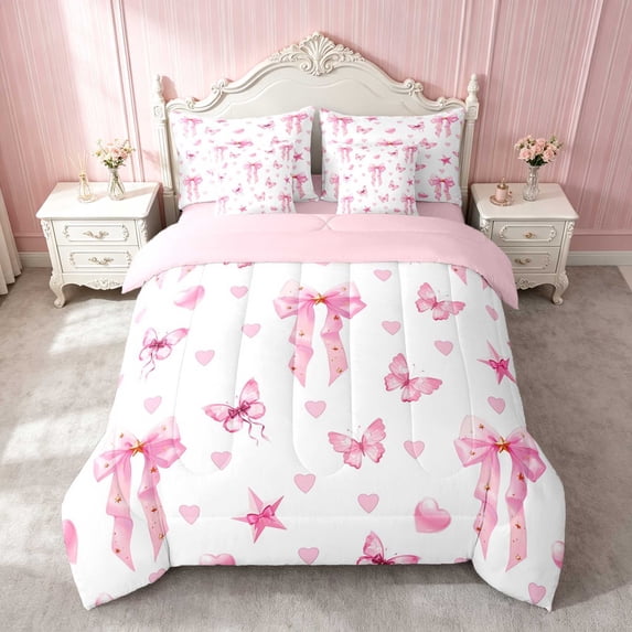 Erosebridal Light Satin Bow Ribbon Twin Bedding for Girls, Romantic Floral Print Bedding Comforter Set, Pink Reversible 7pcs