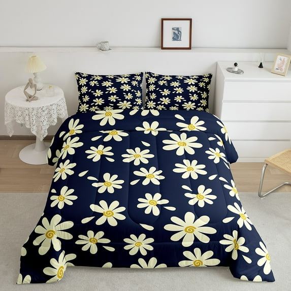 Erosebridal Light Yellow Groovy Flower Bedding Queen Comforter Set, Vintage Daisy Floral Down Comforter, Navy, Breathable 3-Piece