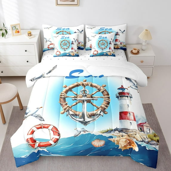 Erosebridal Lighthouse Anchor Bedding Sets King Size,Marine Nautical Bed in a Bag King size,Ocean Theme Bedding King Size,Super Cozy Teens Bedroom Decor,Reversible,7-Piece