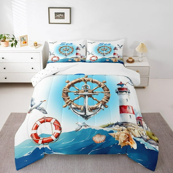 Erosebridal Lighthouse Anchor Comforter Sets Queen Size,Marine Nautical Bedding Queen Comforter Set,Ocean Theme Bedding Sets Queen with Comforter,Super Cozy Teens Bedroom Decor,Reversible,3 Pieces