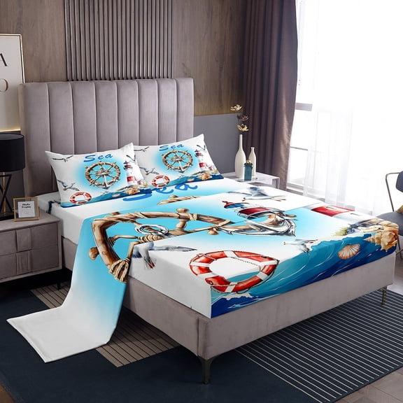 Erosebridal Lighthouse Anchor Sheet Set Twin,Marine Nautical Bedding Sets Twin Size,Ocean Theme Twin Sheet Sets,Super Cozy Teens Bedroom Decor,3pcs