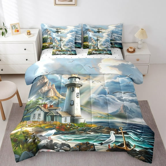 Erosebridal Lighthouse Bed in a Bag Queen size, Marine Ocean Bedding Queen Size, Nature Scenery Bed Set, Breathable Bedroom Decor, 7 Pieces