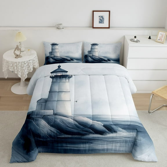Erosebridal Lighthouse Bedding King Comforter Set, Ocean Waves Down Comforter, Coastal Room Decor, Reversible