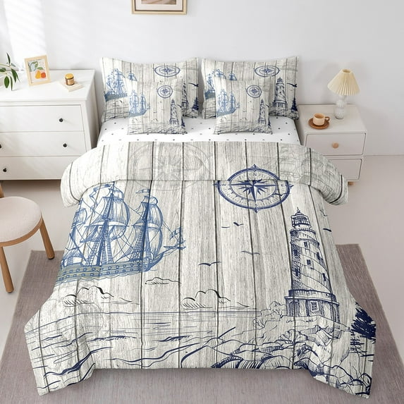 Erosebridal Lighthouse Boat Bed In A Bag Full Size,Lodge Cabin Bed Set,Ocean Decor,Reversible,Breathable,7-Piece