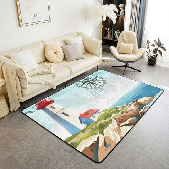 Erosebridal Lighthouse Carpet 5x7 For Bedside Classroom Living Room Drawn Sketch Compass Indoor Floor Mat Nautical Area Rug Sea Wave Decorative Accent Rug Non Shedding,Blue Non Slip
