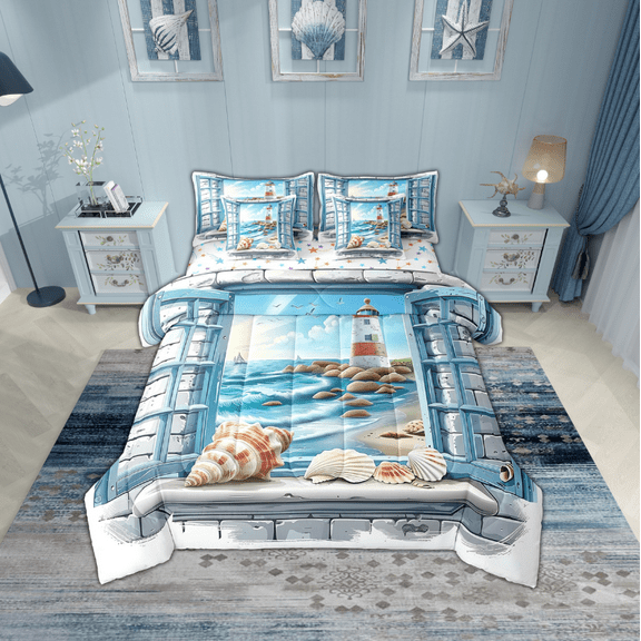 Erosebridal Lighthouse Seashell Bedding Queen Size,Ocean Beach Comforter Sets with Sheets,Marine Room Decorative,Reversible,Ultra Soft,7 Pieces