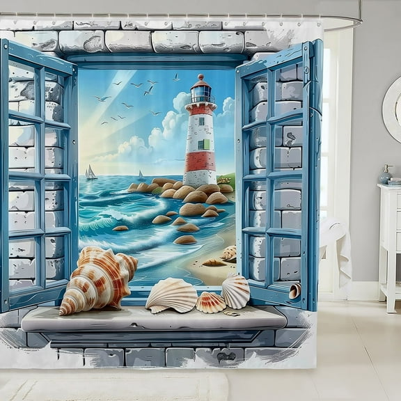 Erosebridal Lighthouse Seashell Shower Curtain 72x84,Ocean Beach Bathroom Curtain 72x84,Marine Room Decorative