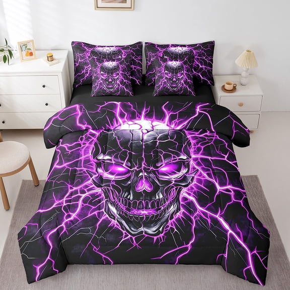 Erosebridal Lightning Skull Bedding Twin Size, Purple Skeleton Bed Set, Gothic Style Reversible Bed in a Bag Twin size, Super Cozy Bedroom Decorative, 7pcs