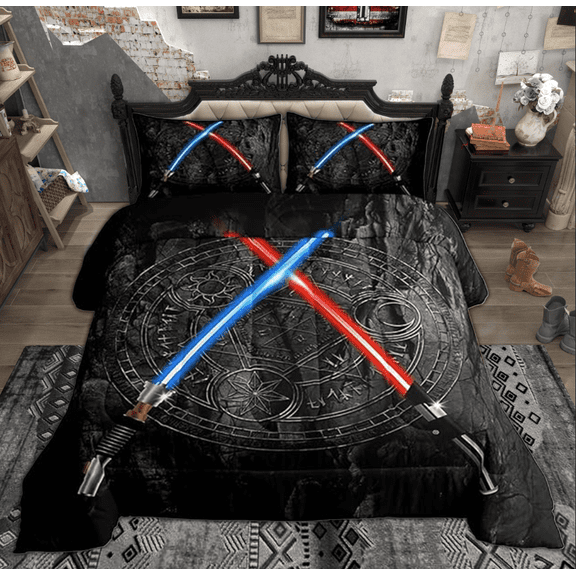 Erosebridal Lightsaber Comforter Set Queen Size 3D Neon Blue Red Bedding Set Geometric Sun Moon Round Quilt Set Teens Room Decor Fashion Vintage Stone Wall Duvet Insert,Black