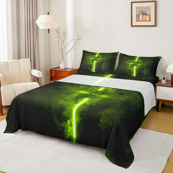Erosebridal Lightsaber King Sheet Sets,Modern Games Bedding King Size,Lawngreen Black Bed Sheets Set King Size For Teens Youth, Microfiber Bedroom Decor,4pcs