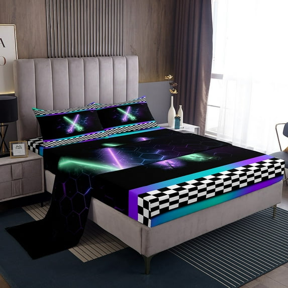 Erosebridal Lightsaber Sheet Set King for Teens, Black White Checkered Bedding Sets King Size, Geometric Decor