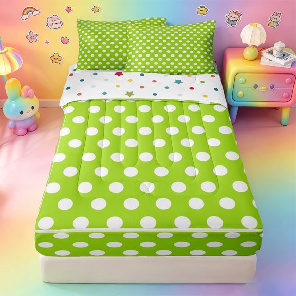 Erosebridal Lime Bright Green Polka Dot Zipper Twin Comforter Sets with Fitted Sheet and 2 Pillowcases,White Round Dot Fresh Cute Zipper Bedding Set For Girls,Polkadot Reversible,4 Pieces