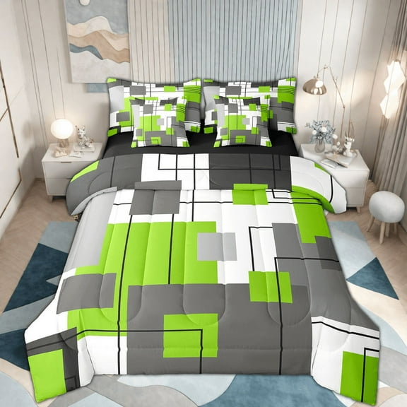 Erosebridal Lime Green Gray Geometric Comforter Set 7 Piece Full Black Grey White Geometry Square Bed In A Bag Abstract Striped Bedding Comforter Sets Simple Lines Bed Set