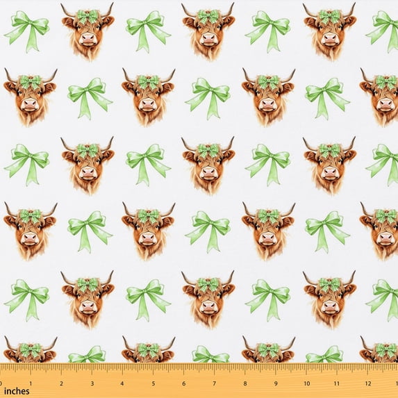 Erosebridal Lime Green Highland Cow Fabric by the Yard 5 Yards, Gingham Bow Fabric for Sewing