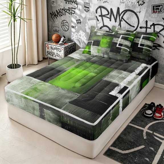Erosebridal Lime Square Abstract Zipper Twin Comforter Sets with Fitted Sheet and 2 Pillowcases for Women Men, Brush Stroke Block Zipper Bedding Set, Reversible, 4pcs
